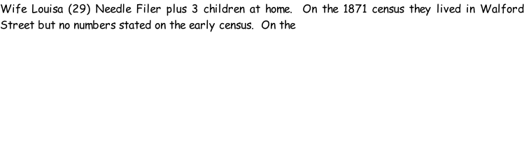 Wife Louisa (29) Needle Filer plus 3 children at home.  On the 1871 census they lived in Walford Street but no numbers stated on the early census.  On the