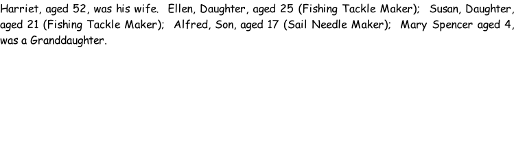 Harriet, aged 52, was his wife.  Ellen, Daughter, aged 25 (Fishing Tackle Maker);  Susan, Daughter, aged 21 (Fishing Tackle Maker);  Alfred, Son, aged 17 (Sail Needle Maker);  Mary Spencer aged 4, was a Granddaughter.