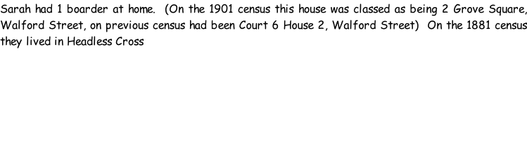 Sarah had 1 boarder at home.  (On the 1901 census this house was classed as being 2 Grove Square, Walford Street, on previous census had been Court 6 House 2, Walford Street)  On the 1881 census they lived in Headless Cross