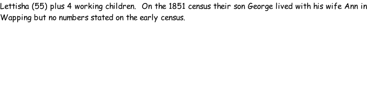 Lettisha (55) plus 4 working children.  On the 1851 census their son George lived with his wife Ann in Wapping but no numbers stated on the early census.