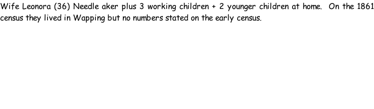 Wife Leonora (36) Needle aker plus 3 working children + 2 younger children at home.  On the 1861 census they lived in Wapping but no numbers stated on the early census.
