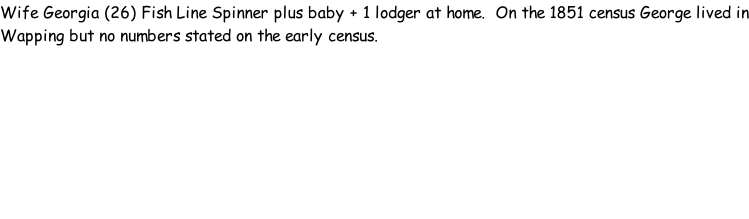 Wife Georgia (26) Fish Line Spinner plus baby + 1 lodger at home.  On the 1851 census George lived in Wapping but no numbers stated on the early census.