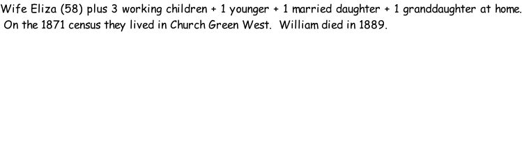 Wife Eliza (58) plus 3 working children + 1 younger + 1 married daughter + 1 granddaughter at home.  On the 1871 census they lived in Church Green West.  William died in 1889.