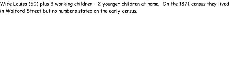 Wife Louisa (50) plus 3 working children + 2 younger children at home.  On the 1871 census they lived in Walford Street but no numbers stated on the early census.