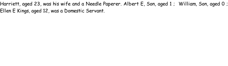 Harriett, aged 23, was his wife and a Needle Paperer. Albert E, Son, aged 1 ;  William, Son, aged 0 ; Ellen E Kings, aged 12, was a Domestic Servant.