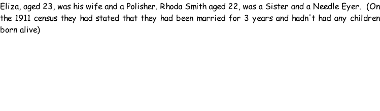 Eliza, aged 23, was his wife and a Polisher. Rhoda Smith aged 22, was a Sister and a Needle Eyer.  (On the 1911 census they had stated that they had been married for 3 years and hadn't had any children born alive)