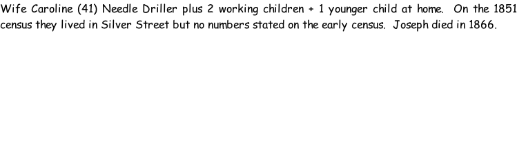 Wife Caroline (41) Needle Driller plus 2 working children + 1 younger child at home.  On the 1851 census they lived in Silver Street but no numbers stated on the early census.  Joseph died in 1866.