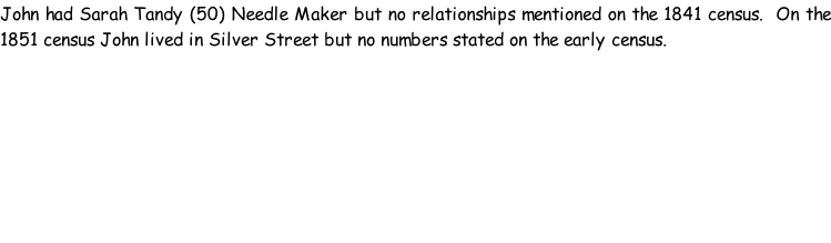 John had Sarah Tandy (50) Needle Maker but no relationships mentioned on the 1841 census.  On the 1851 census John lived in Silver Street but no numbers stated on the early census.