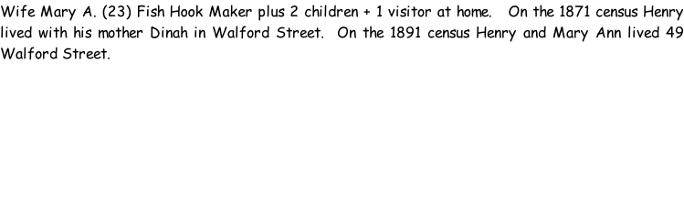 Wife Mary A. (23) Fish Hook Maker plus 2 children + 1 visitor at home.   On the 1871 census Henry lived with his mother Dinah in Walford Street.  On the 1891 census Henry and Mary Ann lived 49 Walford Street.