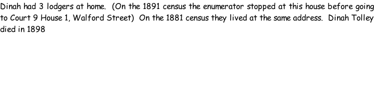 Dinah had 3 lodgers at home.  (On the 1891 census the enumerator stopped at this house before going to Court 9 House 1, Walford Street)  On the 1881 census they lived at the same address.  Dinah Tolley died in 1898