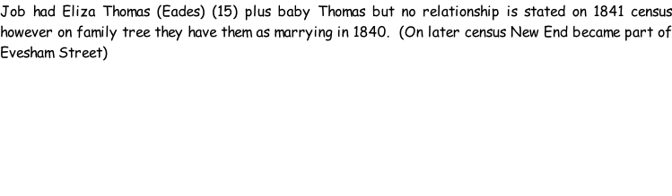 Job had Eliza Thomas (Eades) (15) plus baby Thomas but no relationship is stated on 1841 census however on family tree they have them as marrying in 1840.  (On later census New End became part of Evesham Street)