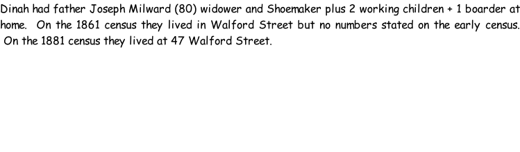 Dinah had father Joseph Milward (80) widower and Shoemaker plus 2 working children + 1 boarder at home.  On the 1861 census they lived in Walford Street but no numbers stated on the early census.  On the 1881 census they lived at 47 Walford Street.
