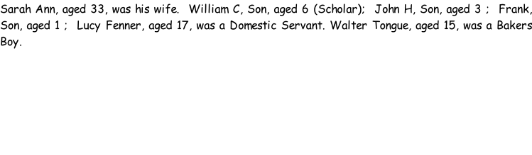 Sarah Ann, aged 33, was his wife.  William C, Son, aged 6 (Scholar);  John H, Son, aged 3 ;  Frank, Son, aged 1 ;  Lucy Fenner, aged 17, was a Domestic Servant. Walter Tongue, aged 15, was a Bakers Boy.