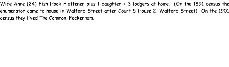 Wife Anne (24) Fish Hook Flattener plus 1 daughter + 3 lodgers at home.  (On the 1891 census the enumerator came to house in Walford Street after Court 5 House 2, Walford Street)  On the 1901 census they lived The Common, Feckenham.
