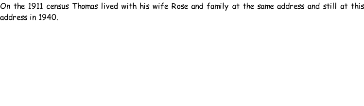 On the 1911 census Thomas lived with his wife Rose and family at the same address and still at this address in 1940.
