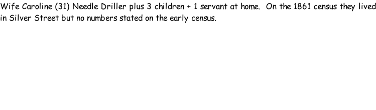 Wife Caroline (31) Needle Driller plus 3 children + 1 servant at home.  On the 1861 census they lived in Silver Street but no numbers stated on the early census.