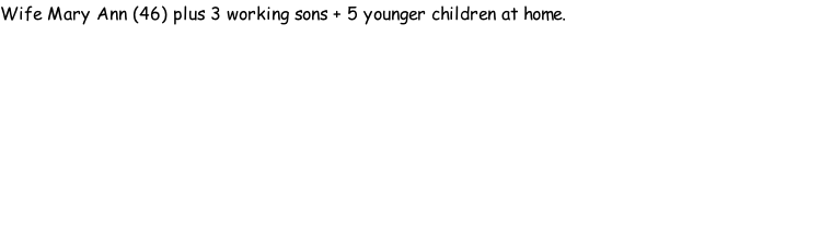 Wife Mary Ann (46) plus 3 working sons + 5 younger children at home.