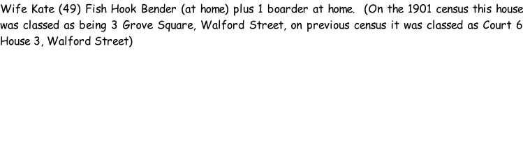 Wife Kate (49) Fish Hook Bender (at home) plus 1 boarder at home.  (On the 1901 census this house was classed as being 3 Grove Square, Walford Street, on previous census it was classed as Court 6 House 3, Walford Street)