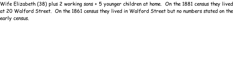 Wife Elizabeth (38) plus 2 working sons + 5 younger children at home.  On the 1881 census they lived at 20 Walford Street.  On the 1861 census they lived in Walford Street but no numbers stated on the early census.