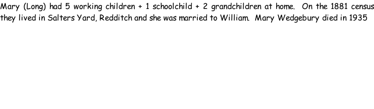 Mary (Long) had 5 working children + 1 schoolchild + 2 grandchildren at home.  On the 1881 census they lived in Salters Yard, Redditch and she was married to William.  Mary Wedgebury died in 1935