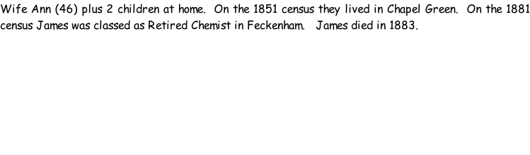 Wife Ann (46) plus 2 children at home.  On the 1851 census they lived in Chapel Green.  On the 1881 census James was classed as Retired Chemist in Feckenham.   James died in 1883.