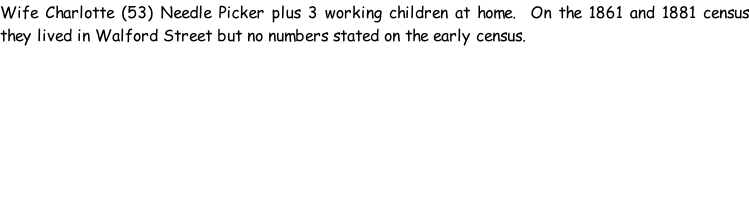 Wife Charlotte (53) Needle Picker plus 3 working children at home.  On the 1861 and 1881 census they lived in Walford Street but no numbers stated on the early census.