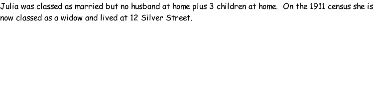 Julia was classed as married but no husband at home plus 3 children at home.  On the 1911 census she is now classed as a widow and lived at 12 Silver Street.