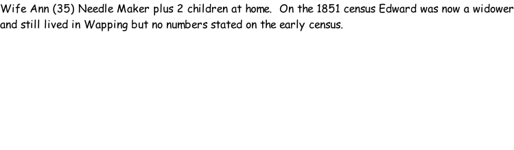 Wife Ann (35) Needle Maker plus 2 children at home.  On the 1851 census Edward was now a widower and still lived in Wapping but no numbers stated on the early census.