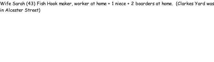 Wife Sarah (43) Fish Hook maker, worker at home + 1 niece + 2 boarders at home.  (Clarkes Yard was in Alcester Street)