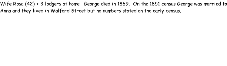 Wife Rosa (42) + 3 lodgers at home.  George died in 1869.  On the 1851 census George was married to Anna and they lived in Walford Street but no numbers stated on the early census.