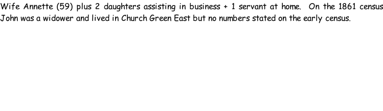 Wife Annette (59) plus 2 daughters assisting in business + 1 servant at home.  On the 1861 census John was a widower and lived in Church Green East but no numbers stated on the early census.