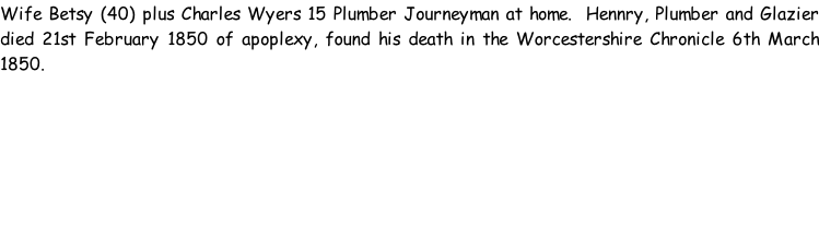 Wife Betsy (40) plus Charles Wyers 15 Plumber Journeyman at home.  Hennry, Plumber and Glazier died 21st February 1850 of apoplexy, found his death in the Worcestershire Chronicle 6th March 1850.