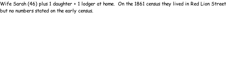 Wife Sarah (46) plus 1 daughter + 1 lodger at home.  On the 1861 census they lived in Red Lion Street but no numbers stated on the early census.