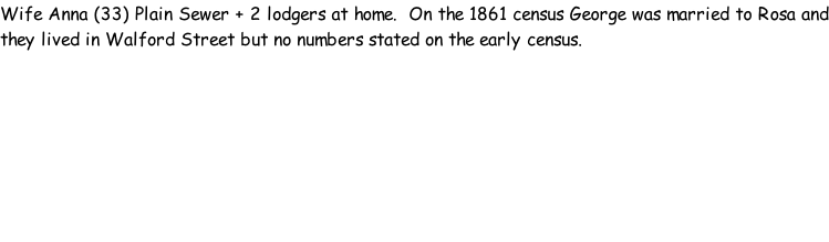 Wife Anna (33) Plain Sewer + 2 lodgers at home.  On the 1861 census George was married to Rosa and they lived in Walford Street but no numbers stated on the early census.