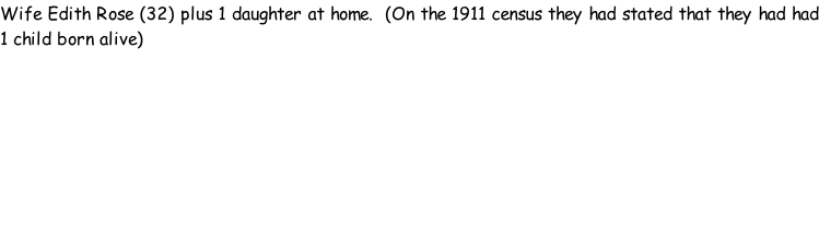 Wife Edith Rose (32) plus 1 daughter at home.  (On the 1911 census they had stated that they had had 1 child born alive)