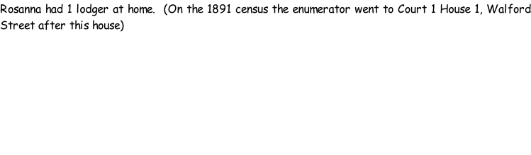 Rosanna had 1 lodger at home.  (On the 1891 census the enumerator went to Court 1 House 1, Walford Street after this house)