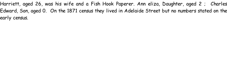 Harriett, aged 26, was his wife and a Fish Hook Paperer. Ann eliza, Daughter, aged 2 ;  Charles Edward, Son, aged 0.  On the 1871 census they lived in Adelaide Street but no numbers stated on the early census.