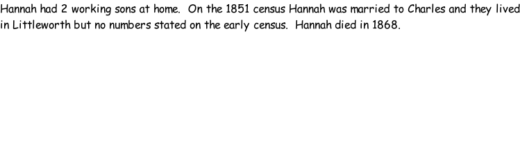 Hannah had 2 working sons at home.  On the 1851 census Hannah was married to Charles and they lived in Littleworth but no numbers stated on the early census.  Hannah died in 1868.